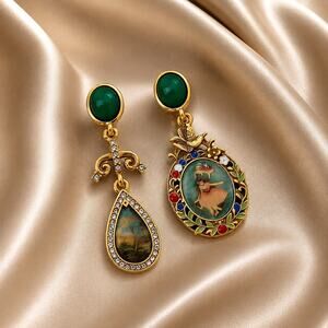 Antique Museum Earrings VTG Mismatch Gold Painting Flower Bird Teardrop Artistic